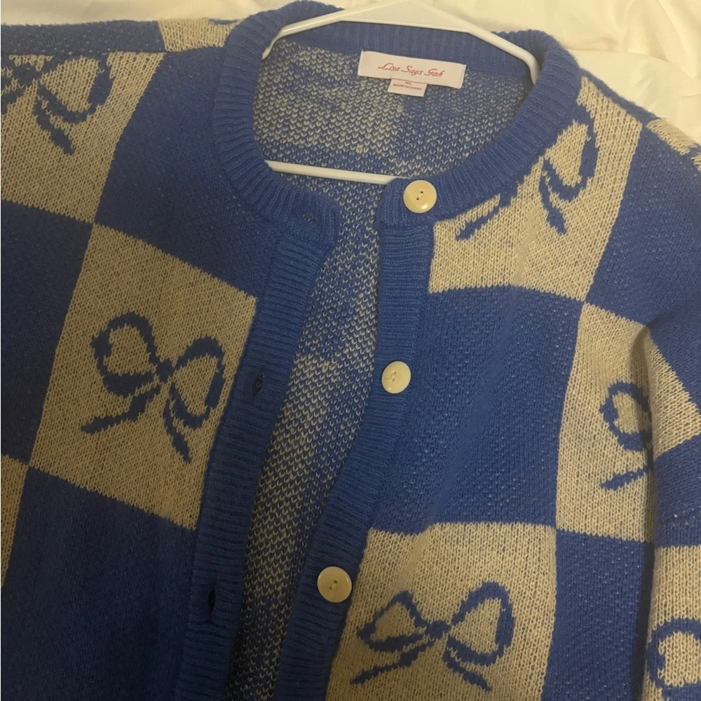 NWOT: Lisa Says Gah Blue and Cream Checkered Cardigan - Picture 11 of 14